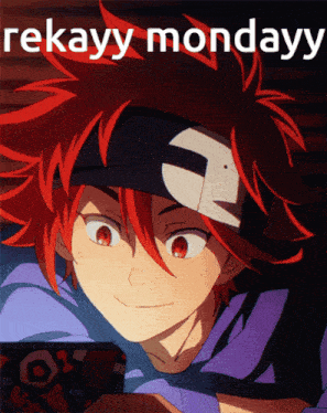 a picture of a red haired anime character with the words " rekayy monday " written on it