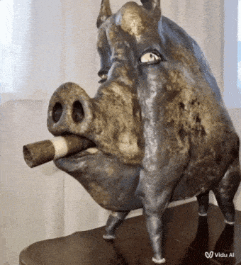 a statue of a pig with a cigar in its mouth is displayed on a wooden table