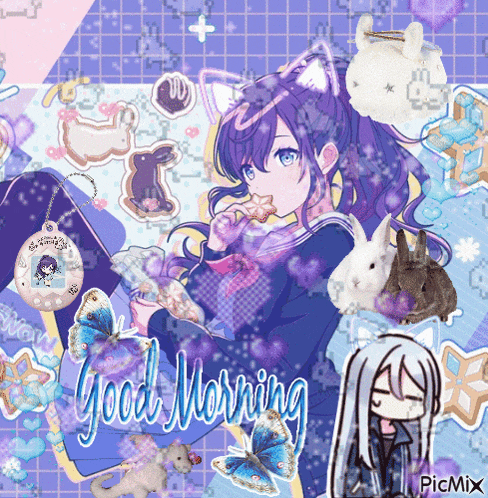 a picture of a girl with a cat ear and the words good morning