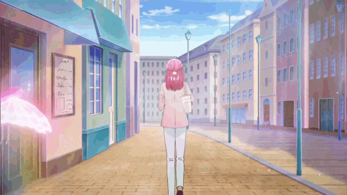 a girl with red hair is walking down a street in front of a building with a sign that says ' a ' on it