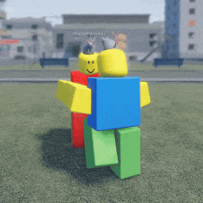 two roblox characters are hugging each other with chip will win big written on the bottom