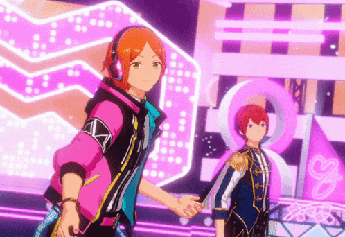 a couple of anime characters holding hands in front of a pink background