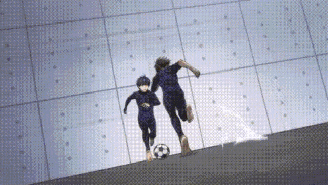 a couple of people are running with a soccer ball in their hands .