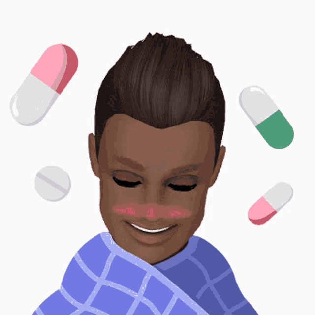 a cartoon of a man wrapped in a plaid blanket with pills flying around his head