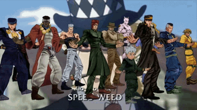 a group of cartoon characters standing next to each other with the words go to spee weed written below them