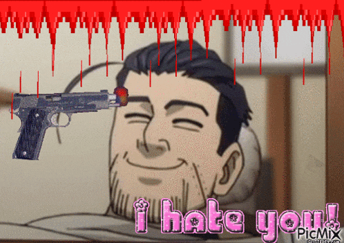a picture of a man with a gun pointing to his forehead and the words i hate you picmix