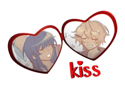 a couple of hearts with the word kiss in the middle