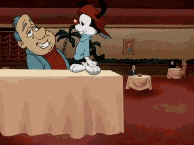 a cartoon of a man sitting at a table with a puppet on it