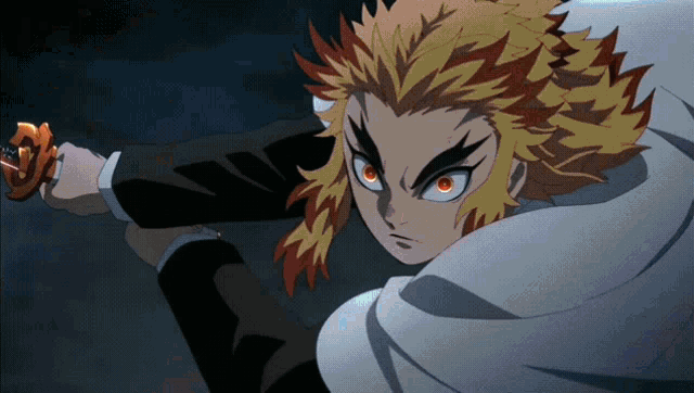 a cartoon character with orange hair and red eyes holds a sword