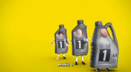 a cartoon character is standing next to three bottles of mobil 1