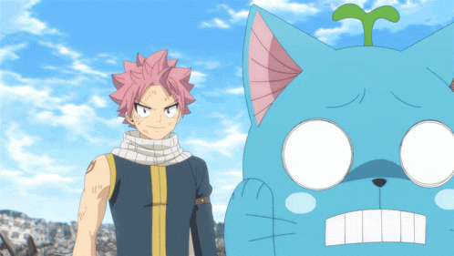 a cartoon character with pink hair stands next to a blue cat with a green plant on its head