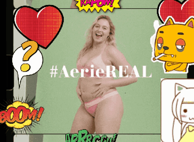 a woman in lingerie is surrounded by cartoon characters and the words #aeriereal