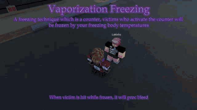 a screenshot of a video game with the words vaporization freezing at the top