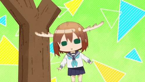 a girl with antlers is standing in front of a large letter y