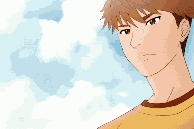 a cartoon drawing of a young man with a blue sky behind him