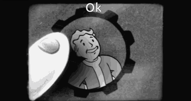 a black and white drawing of a man in a gear with the words ok below him