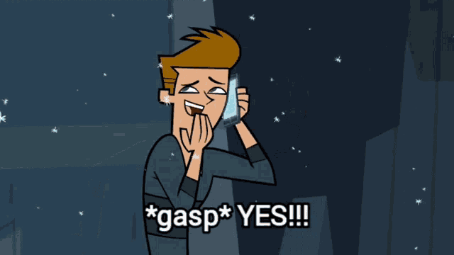 a cartoon character is holding a cell phone and says gasp * yes !!!