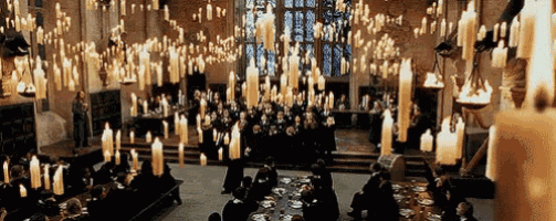 a group of people are sitting at a long table in a large room with candles hanging from the ceiling .