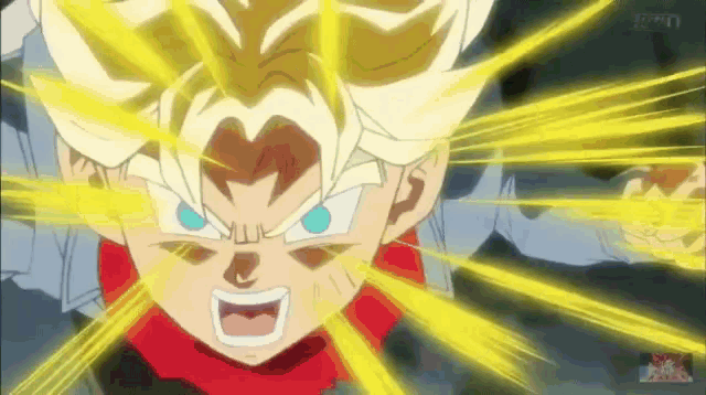 a close up of a cartoon character with a yellow light coming out of his eyes