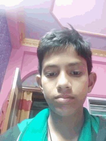 a young boy in a green shirt is taking a picture of himself