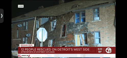 a breaking news story about 12 people rescued on detroit 's west side after reports of apartment explosion