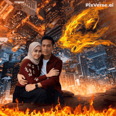 a man and a woman are posing for a picture with a fire dragon in the background and the words pixverse.ai on the bottom