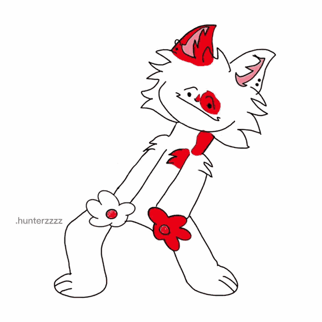 a drawing of a white cat with red spots and a flower in its butt