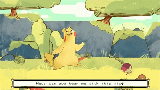 a cartoon character says hey can you hear me with this mic on a screen