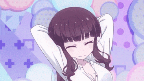 a girl with purple hair and a white shirt is standing with her eyes closed .