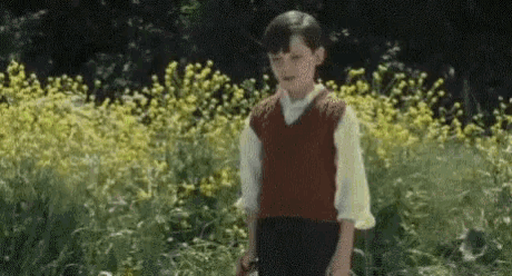 a young boy in a red vest and white shirt is standing in a field of tall grass .