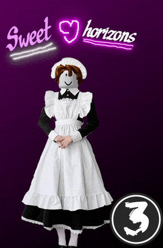 a maid dressed in a black and white dress with the number 3 on the bottom