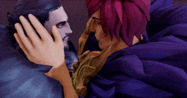 a man with purple hair is holding another man 's hand
