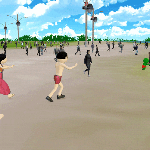 a group of people are walking in a field with a cartoon character running in the foreground