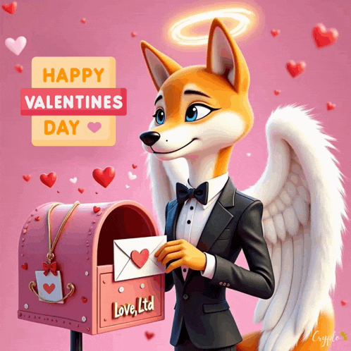 a fox with angel wings is putting an envelope in a mailbox that says love ltd.