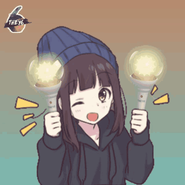 a cartoon of a girl holding two glowing sticks that say they6