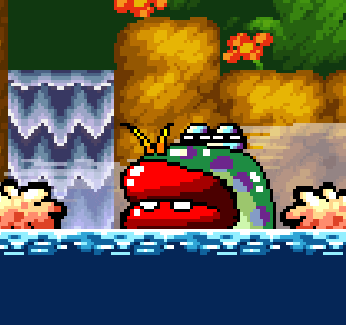 a pixel art drawing of a fish with a red mouth
