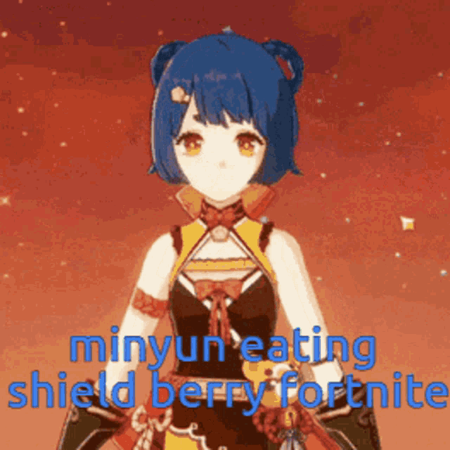 a girl with blue hair is standing in front of a red background and says minyun eating shield berry fortnite .