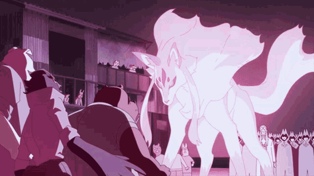 a group of people are standing in front of a large white fox