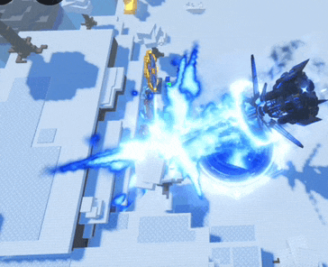 a video game scene with a blue light coming out of a sphere