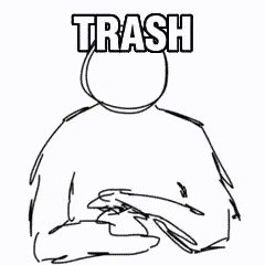 a black and white drawing of a person with the word trash written above them .