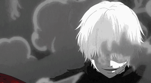 a black and white drawing of a person with white hair and smoke coming out of his eyes .