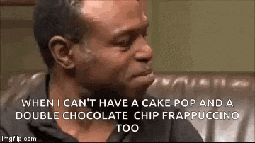 a man is sitting on a couch and crying while talking about a cake pop and a double chocolate chip frappuccino