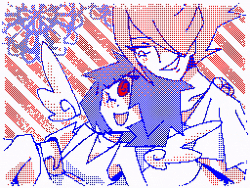 a pixel art drawing of a girl with a red eye and a boy with blue hair