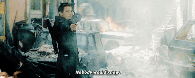 a man holding a gun with the words nobody would know above him