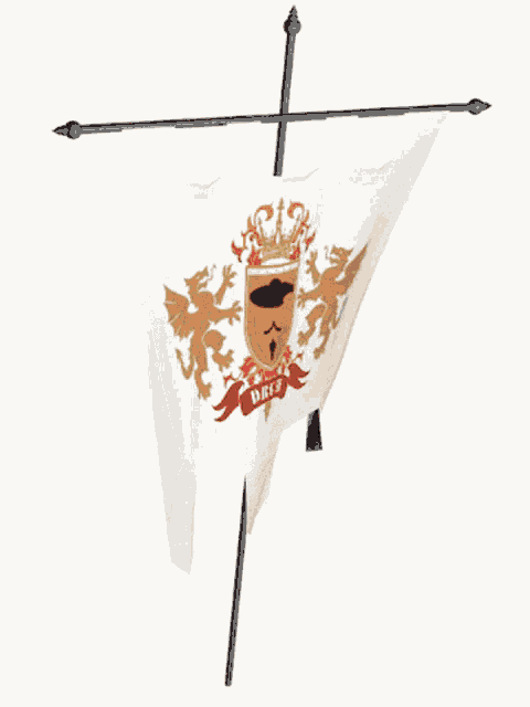 a white flag with a shield and dragons on it that says drif on it