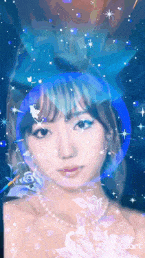 a painting of a woman 's face with a blue background and the words picsart on the bottom