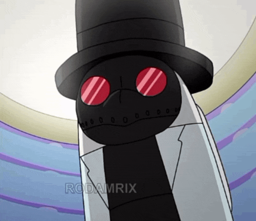 a cartoon character wearing a top hat and tie has the word rodamrix on the bottom
