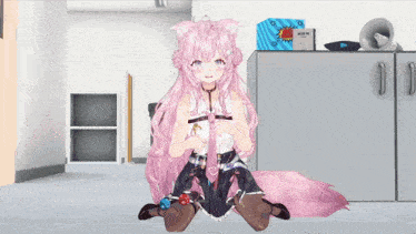 a girl with pink hair is sitting on the floor in front of a blue box that says ' sd ' on it