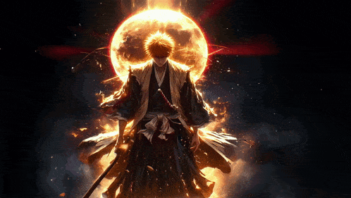 a man in a kimono holding a sword stands in front of a large fireball
