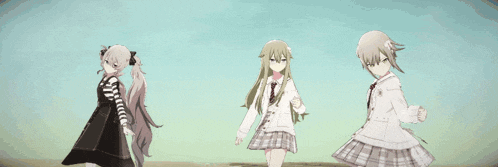 three anime girls are standing next to each other in a field